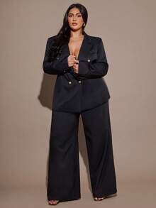 SHEIN BAE Plus Size Women's Solid Color Lapel NeckLong Sleeve Double-Breasted Fashion Blazer - Black - View 4
