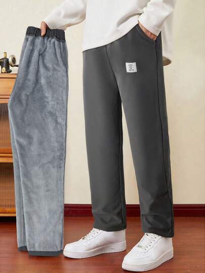 SHEIN Tween Boy 黑色加厚保暖内衬梭织裤，适合通勤、上学、休闲、旅行、运动、春季、夏季、秋季、冬季