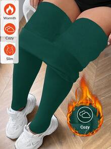 SHEIN EZwear Quần legging giữ nhiệt dày lót lông màu đen cỡ lớn cho mùa đông - Màu xanh lá cây đậm - Xem 1