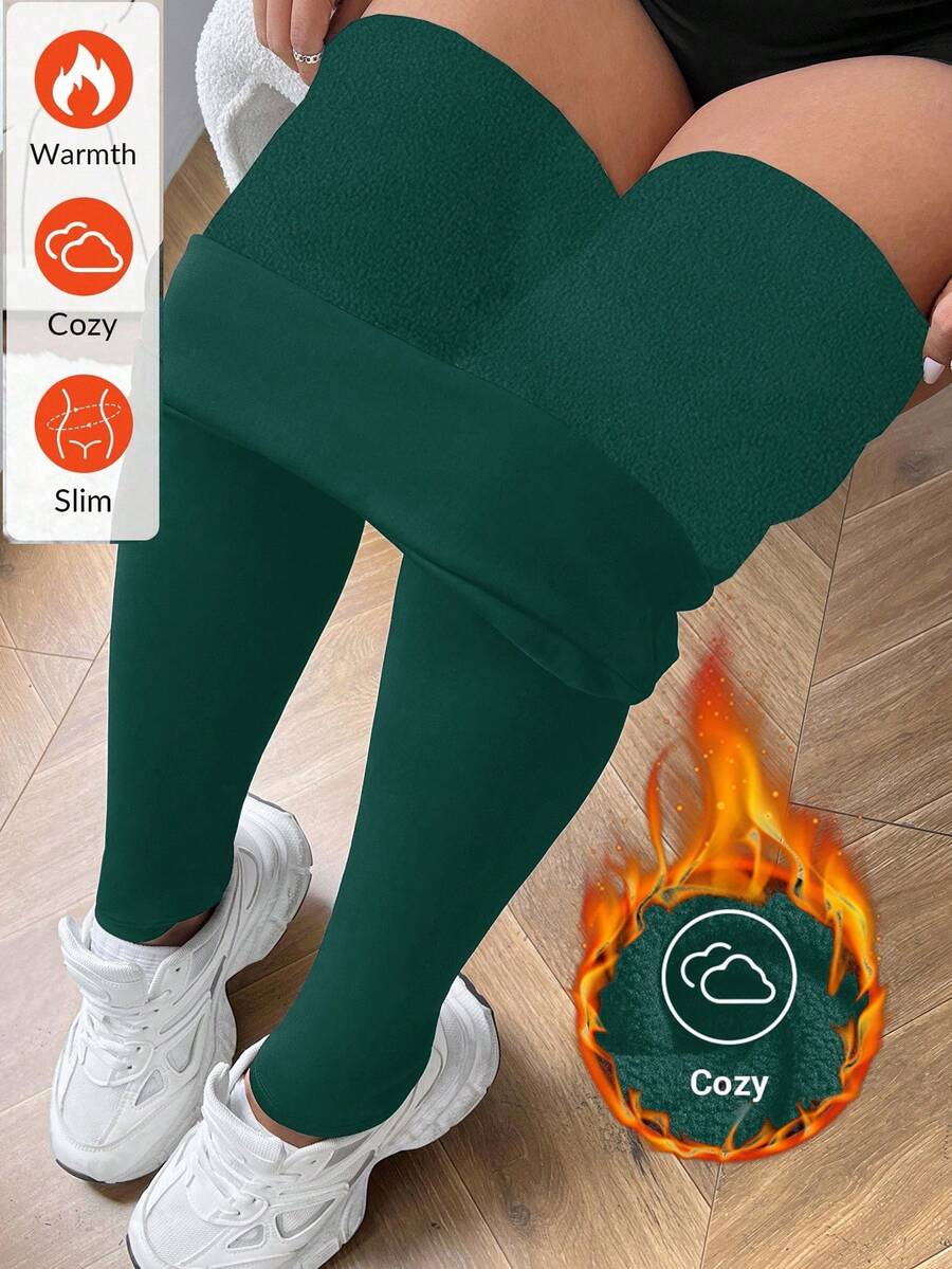 SHEIN EZwear Quần legging giữ nhiệt dày lót lông màu đen cỡ lớn cho mùa đông - Màu xanh lá cây đậm - Xem 1