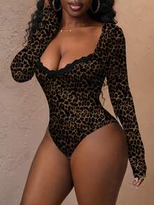 Slaydiva Bộ đồ liền thân ren cổ vuông tay dài họa tiết da báo màu nâu đậm gợi cảm dành cho nữ, phong cách đa năng, phù hợp cho mùa thu/đông - Nhiều màu - Xem 5