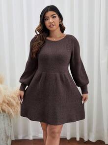 SHEIN Frenchy 秋冬大码纯色针织休闲连衣裙 - 咖啡棕 - 查看 4