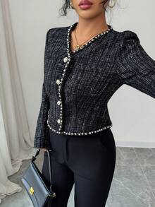 SHEIN Elenzya Women's Elegant Plaid Studded Jacket, Suitable For Dates And Parties, Winter - Black - View 4