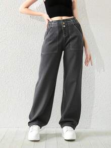 青少年女孩休闲波西米亚风假日平装腰部扁平口袋宽腿牛仔裤，女孩日常 OOTD 服装