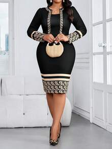 SHEIN Lady Elegant Thanksgiving New Year Black Party Dress New Year Dress Elegant Dresses For Party Luxury Evening Dresses For Women One-Piece Dress Ladies Autumn Winter Christmas Plus Size Geometric Print Fitted Sheath Dress, Suitable For Commuting Long Sleeve Elegant Dress Luxury Dress For Women Bodycon Plus Size Dress Curve Elegant Dress Bandage Dress For Women Bodycon Elegant Dress