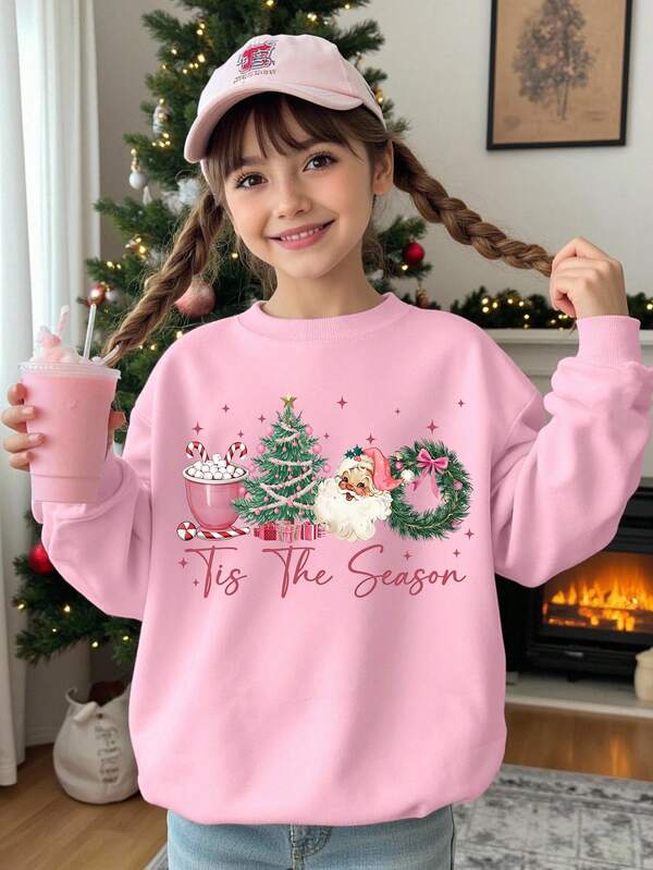 SHEIN Merry Christmas Girls Fashion Creative Cute Santa Claus, Christmas Tree, Wreath, Candy Cane, Letter Graphic Print Crew Neck Sweatshirt, Suitable For Christmas Party And