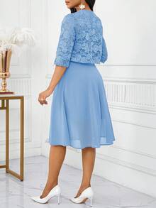 SHEIN Lady 2025 新款女士优雅蓝色纯色蕾丝无袖上衣和连衣裙两件套，夏季生日和活动礼服/办公室礼服/教堂礼服/婚礼礼服/节日礼服/，女士工作服优雅女装套装女式蓝色连衣裙套装优雅两件套连衣裙万圣节别致女式两件套秋季女士服装 - 藍色 - 查看 2