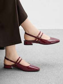 CUCCOO BIZCHIC 女士方头平底玛丽珍鞋，酒红色，简约设计，带系带，休闲、通勤、约会、派对、度假 - 酒紅色 - 查看 3