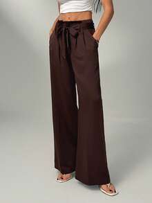 SHEIN Tall 女式休闲百搭纯色直筒正装裤 - 棕色 - 查看 3