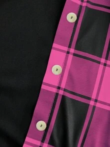 EMERY ROSE AB 拼接领翻领二合一格子短袖 T 恤图案 T 恤女上衣 - 中紫紅色 - 查看 5