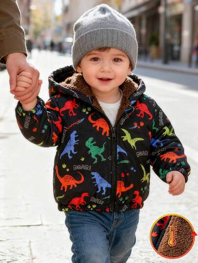 SHEIN Chaqueta con capucha forrada térmicamente con estampado de dinosaurios coloridos y casual para bebé niño