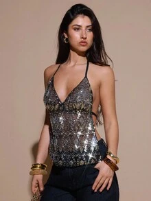 SHEIN BAE Women's Sexy Backless Sequin Halter Top, Fashionable For Party,Valentine's Day,Valentine Outfits For Women - Black and Gold - View 5