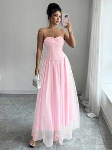 SHEIN Elenzya 优雅的粉色套装，包括带骨抹胸上衣 + 喇叭网裙，适合舞会、情人节约会、万圣节、圣诞派对、新年庆祝活动和日常通勤等正式场合，秋季 - 粉色 - 查看 4