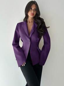 Firerie 女士休闲亚麻收腰长袖翻领薄款西装外套，杏色，秋冬 - 紫色 - 查看 3