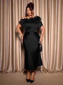 Cravure Plus Size Women's Black Oblique Shoulder 3D Floral Shiny Bodycon Knit Party Dress - Black - View 4