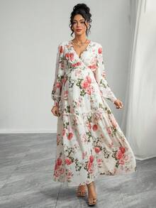 Momance Maternity Floral Print V-Neck Long Sleeve Ruffle Hem Elegant Dress - Multicolor - View 5