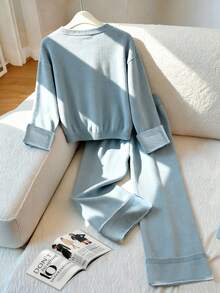 Franclia 2 件套女士休闲宽松简约个性时尚运动风格毛衣，秋冬 - 淺藍色 - 查看 2