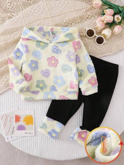 2 件套女婴舒适休闲柔软毛绒花卉连帽运动衫和毛绒花卉下摆紧身裤套装，适合秋冬日常穿着