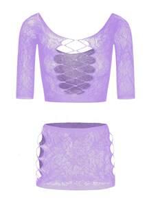 ChaseTheNight Damen Sexy Dessous Set, hochdehnbares Große Größen Fischnetz Top und Mini Rock 2-Teiliges Set, geeignet für Party, Nachtclub, Club