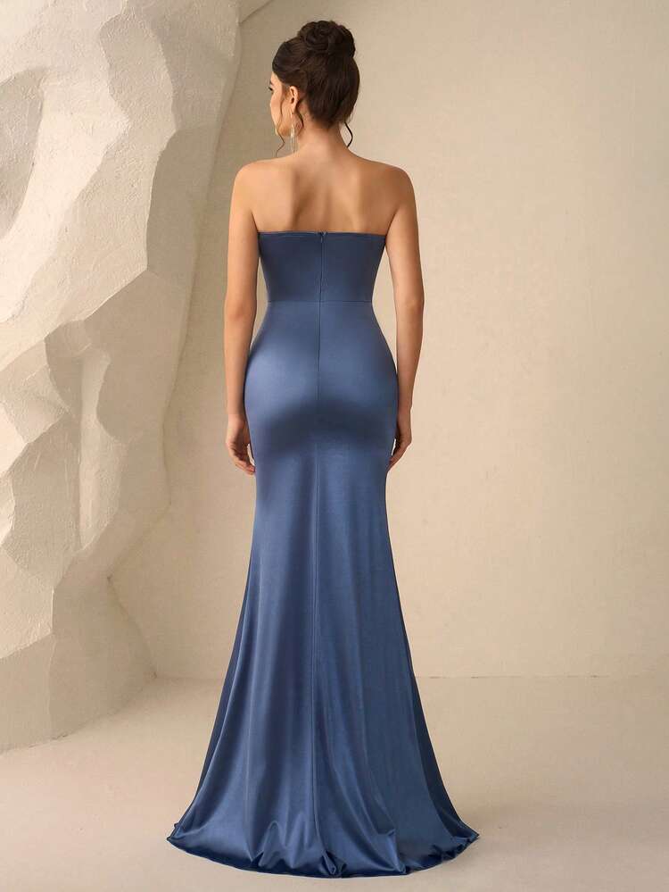 Coutiva Vestido de noche formal con decoración de strass, abertura lateral fruncida y bajo elegante sin tirantes para mujer, vestido de gala azul, para adelgazar la cintura y el pecho, vestido de fiesta, vestido formal, Día de San Valentín - Neblina azul - Añade 2