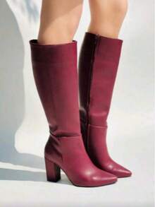 Botas altas de mujer estilo minimalista, punta fina, tacón grueso, para oficina y moda urbana - Burdeos - Ver 3