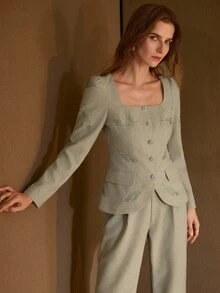 MOTF PREMIUM FEATHER EMBROIDERY SQUARE COLLAR RHINESTONE BUTTON WAIST CINCHED PUFF SLEEVE ELEGANT CASUAL JACKET