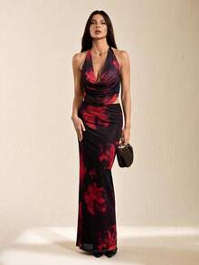 SHEIN Tall Vintage Tie-Dye Floral Draped Neck Camisole And Fitted Mini Skirt 2 Pieces Set - Burgundy - View 4