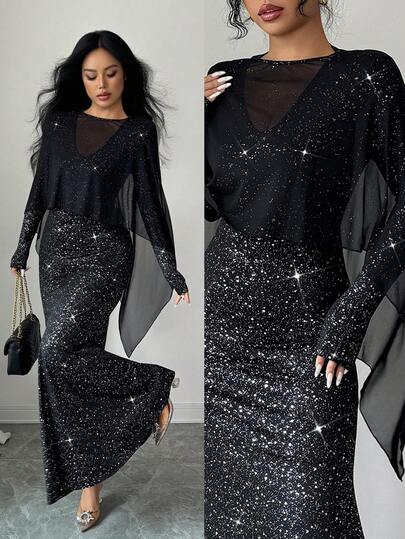 Rafferiza Elegant Long Fishtail Hem Faux Two-Piece AB Patchwork Shawl Knitted Mesh Gold Foil Knitted Gold Foil Fabric Autumn And Winter Black Elegant Women's Dress Elegant Party Dress Women's Elegant Dress Sparkly Sequin Dress Women's Sequin Dress Fashionable Evening Dress Black Dress Women's Elegant Outfit