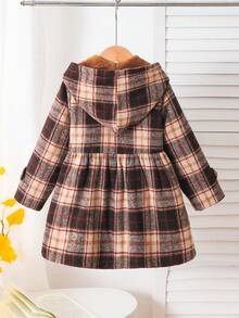 SHEIN Elladie kids 年轻女孩格子保暖内衬连帽双排扣冬季外套，时尚休闲日常穿着 - 棕色 - 查看 2