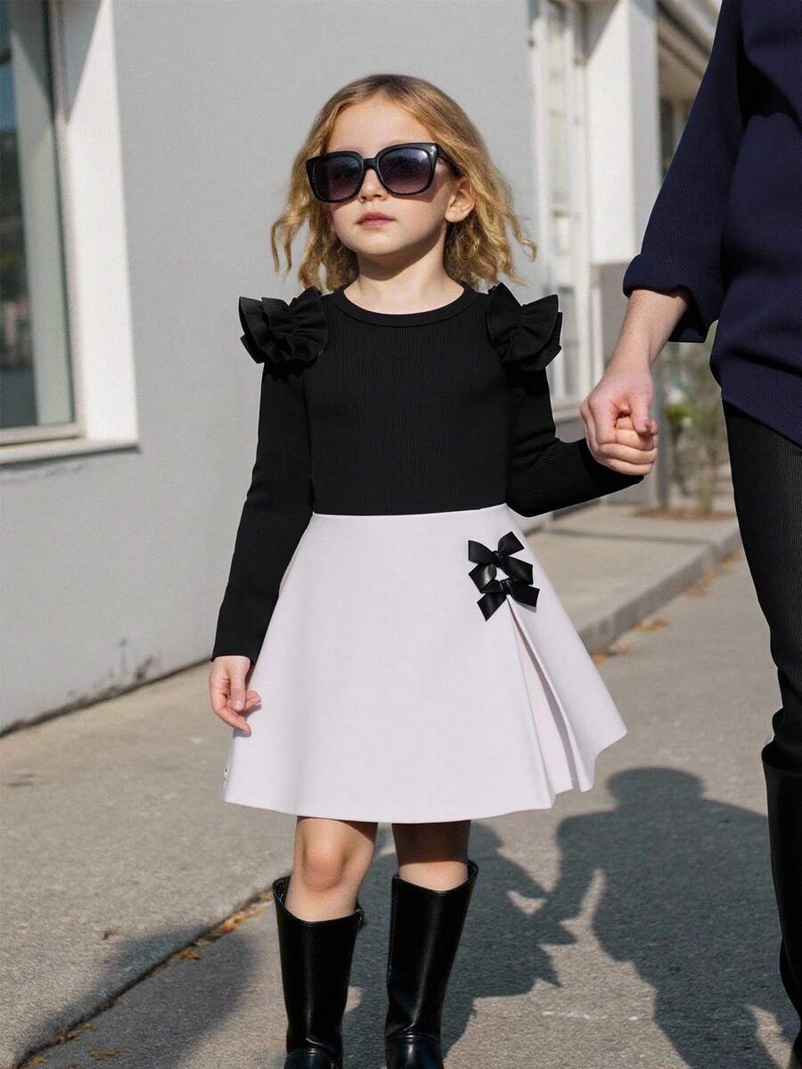 Elladie kids 两件套女童针织荷叶边罗纹黑色T恤上衣和灰色羊毛褶皱蝴蝶结半裙套装，优雅时尚的春秋季儿童服装。 - 黑色 - 查看 1