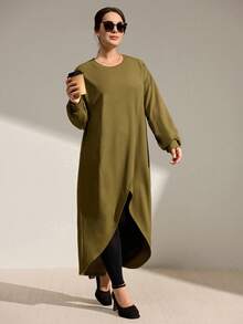 Momelise Christmas Plus Size Casual Asymmetrical Hem Long Sleeve Pullover Dress - Army Green - View 6