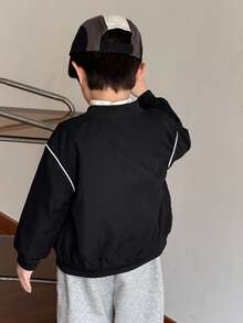 SHEIN Little Byeori Young Boy Casual Letter Embroidered Front Zip Baseball Jacket - Black - View 2