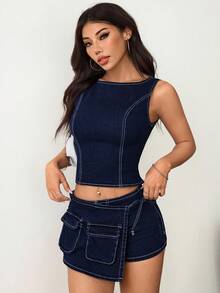 SHEIN PETITE Women's Fashionable Sexy Backless Sleeveless Denim Top - Dark Wash - View 6