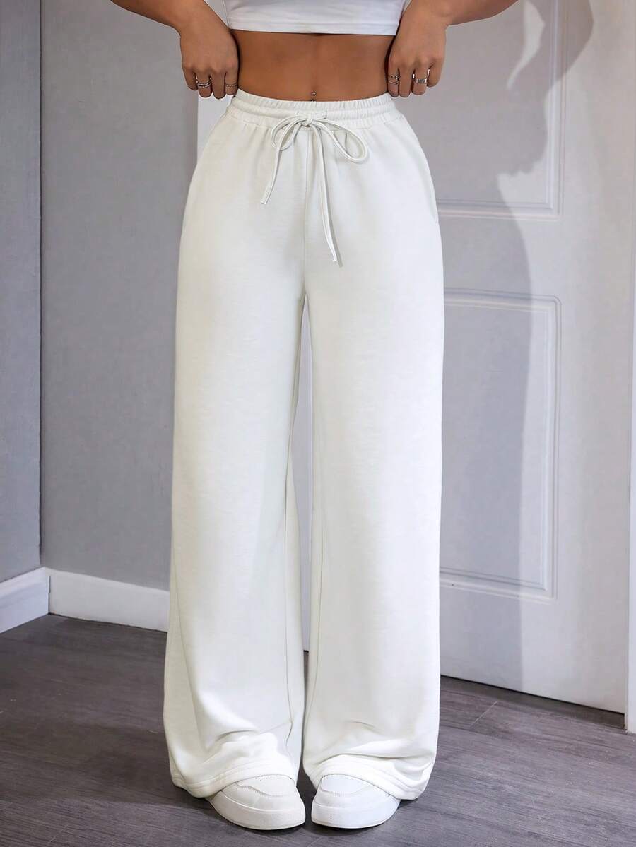 SHEIN PETITE 舒适休闲纯色针织阔腿女式运动裤 - 白色 - 查看 1