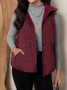 Zelara 大码女式抽绳腰带保暖内衬休闲宽松无袖连帽外套，秋冬款 - 酒紅色 - 查看 5
