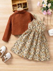 SHEIN Vintage Floral Adjustable Strap Dress + Solid Button Jacket Set, Casual Cute Resort Style, Elegant For Daily, Party, Gift Young Girls - Brown - View 5