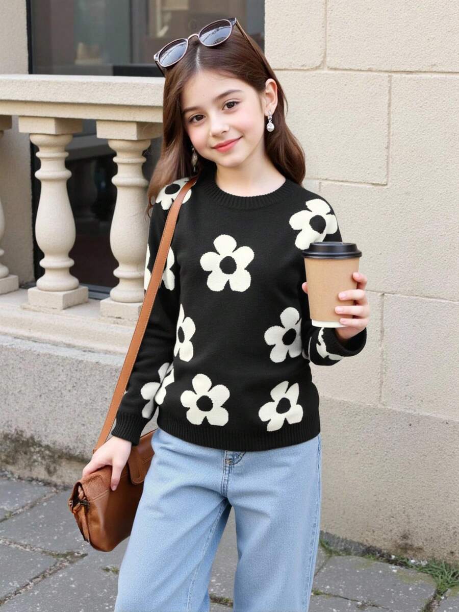 SHEIN Tween 女童休闲拼色花朵图案针织毛衣,秋冬款 - 黑色 - 查看 1