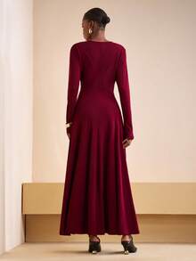 Zivah Women's Burgundy Elegant Long Sleeve Super Long Dress For Autumn,Matte Knitted Round Neck Umbrella Hem Base Dress For Dining,Party,Cruise,Commuting - Burgundy - View 5