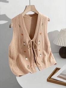 Franclia Plus Size Floral Embroidered Tie-Front Knit Vest Cardigan - Khaki - View 1
