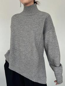 FRIFUL 女式纯色罗纹针织高领宽松休闲套头衫，侧开衩下摆，秋季 - 灰色 - 查看 3