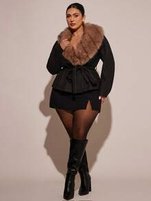 SHEIN BAE Plus Size Fashion Fur Collar Belted Jacket, Autumn/Winter - Black - View 10