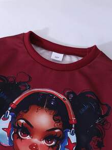 Tween Girl Hip Hop Graphic Print Sweatshirt And Colorful Moon Print Pants Set, Suitable For Street Style - Burgundy - View 3