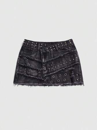 J-Fashion Damen Y2K Vintage Subkultur Distressed Nieten Perlen Dekor Zerrissener Bodycon Jeans Minirock