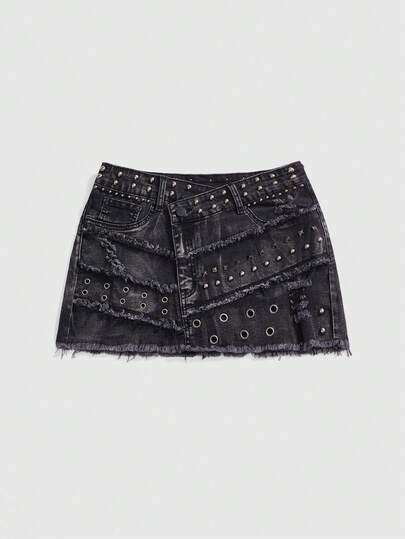 J-Fashion Women's Y2K Vintage Subculture Distressed Studded Pearl Decor Ripped Bodycon Denim Mini Skirt