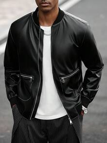 Manfinity CasualCool 男士纯色长袖拉链休闲PU皮棒球夹克，秋季黑色皮夹克，时尚男士街头风 - 黑色 - 查看 5