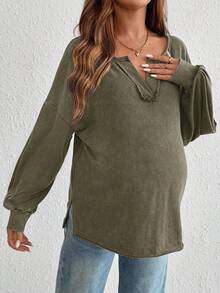 SHEIN Pregnant Women's Casual Notch Neck Drop Shoulder Sweatshirt, Autumn Cotton Tops Cotton Blouses Casual Tops Maternity Shirts For Women Comfy Tops