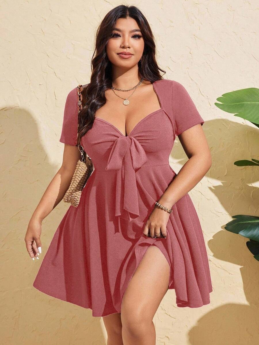 Flirla Váy bó sát tay ngắn buộc dây phía trước gợi cảm cỡ lớn dành cho nữ, mùa hè - Màu Hồng San hô - Xem 1