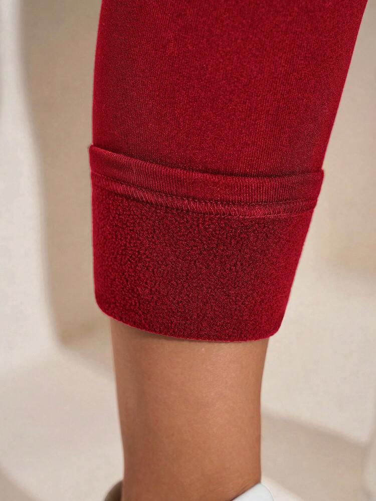 Plus Size Solid Color Thermal Lined Leggings, Casual For Autumn/Winter Knit Pants Red Clothes Red Sweatpants Red Pants Burgundy Pants Red Pants For Women