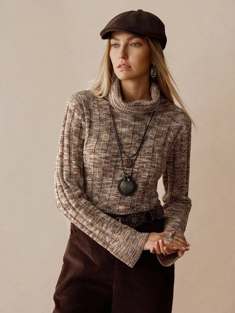 Florisole Jersey de cuello alto ajustado con mangas acampanadas para mujer - Óxido marrón - Ver 1