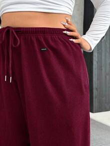 SHEIN EZwear Plus Size Burgundy Velvet Soft & Warm Casual Drawstring Loose Pants - Burgundy - View 6